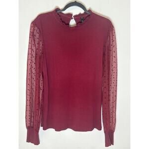 Burgandy Women's Sweater‎ Size XL with sheer polka dot Bishop Sleeves